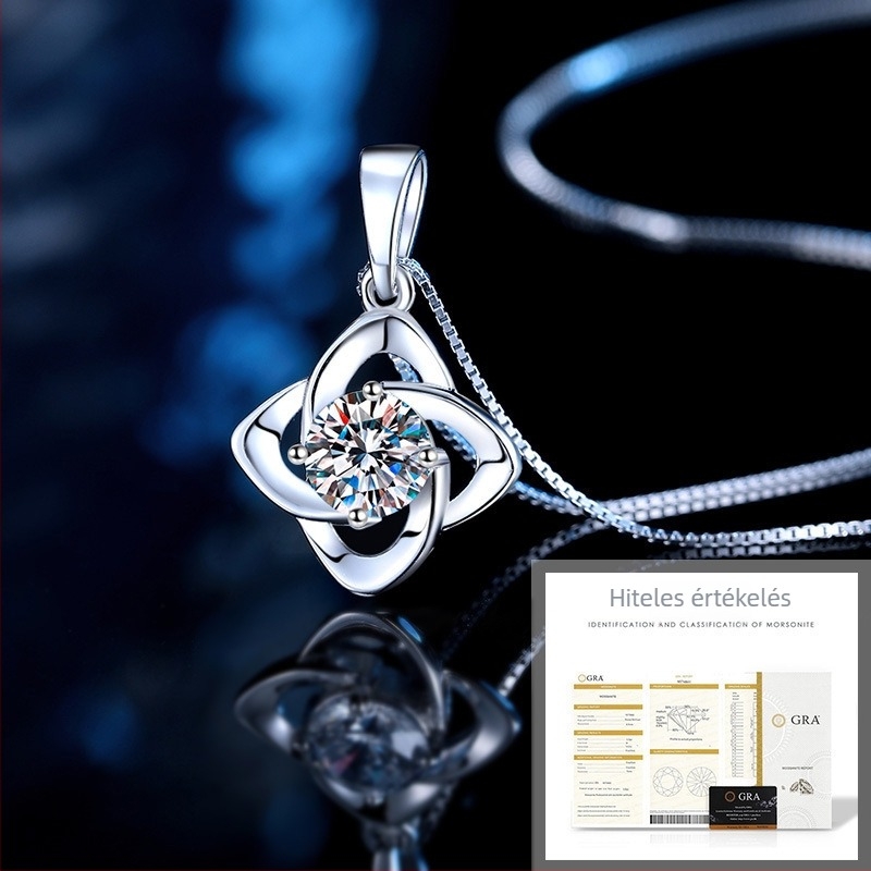 Moissanite 925-ös ezüst női nyaklánc, hosszú lánccal a kulcscsontnál, négylevelű lóhere medállal, ajándék barátnőnek vagy feleségnek.