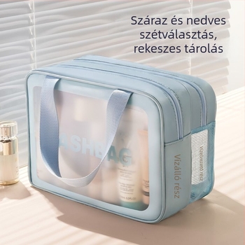 Száraz–nedves elválasztású kozmetikai táska, nagy kapacitású, dupla rekesz, vízálló, matt felület, utazáshoz, smink- és bőrápolási termékek számára