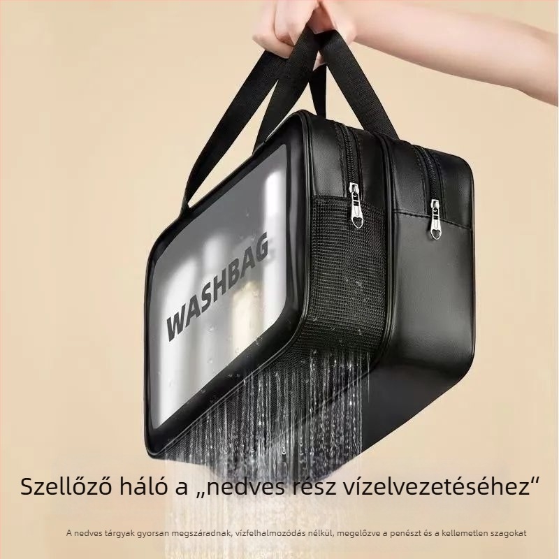 Száraz–nedves elválasztású kozmetikai táska, nagy kapacitású, dupla rekesz, vízálló, matt felület, utazáshoz, smink- és bőrápolási termékek számára