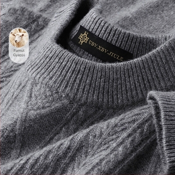 Férfi 100% gyapjú pulóver, kerek nyakú, jacquard mintázat, vastag és meleg, hosszú ujjú, téli viselet