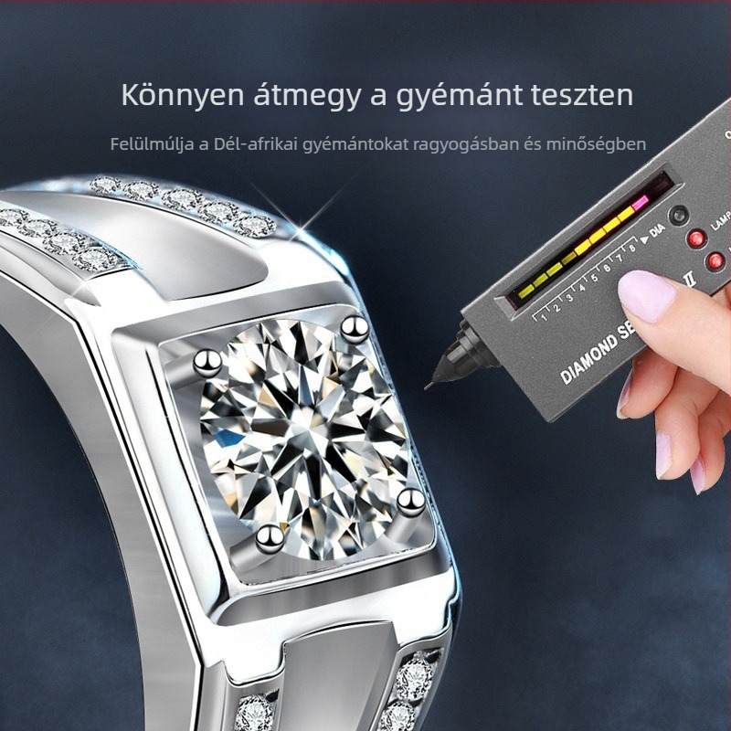 Férfi 925-ös ezüst nyitott gyűrű moissanittel, geometriai kialakítás, gravírozás, elektroplakolás
