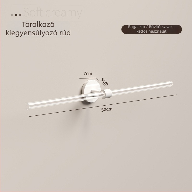 Akril törölközőtartó fürdőszobába, rögzítés fúrás nélkül; oxidációs felületkezelés; anyag: akril; teherbírás >5 kg; osztályozás: törölközőtartó rúd.