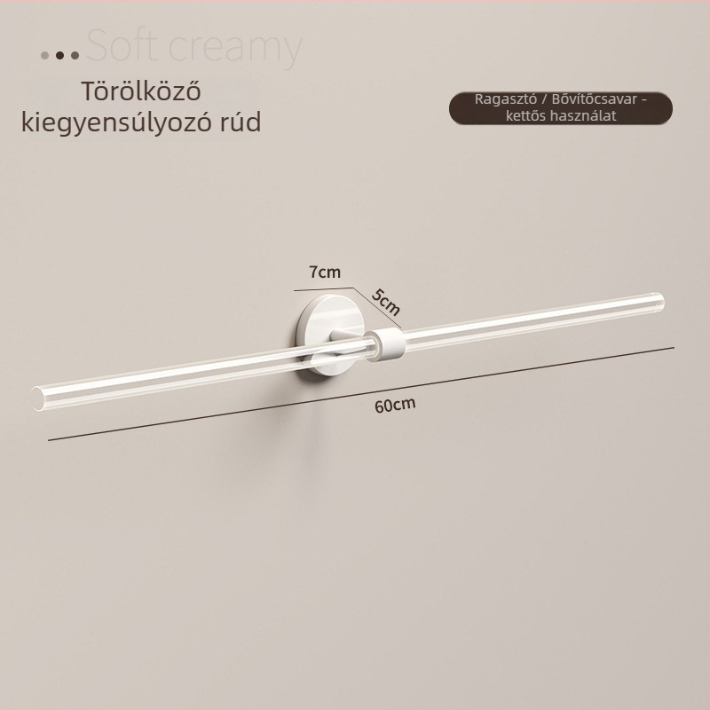 Akril törölközőtartó fürdőszobába, rögzítés fúrás nélkül; oxidációs felületkezelés; anyag: akril; teherbírás >5 kg; osztályozás: törölközőtartó rúd.