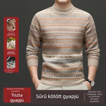 Férfi kereknyakú pulóver Fair Isle jacquard mintával, 100% gyapjú, vastag, ősz-télre, karcsú szabású