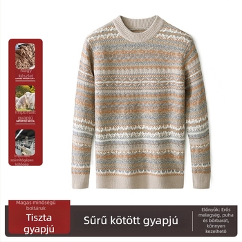 Férfi kereknyakú pulóver Fair Isle jacquard mintával, 100% gyapjú, vastag, ősz-télre, karcsú szabású