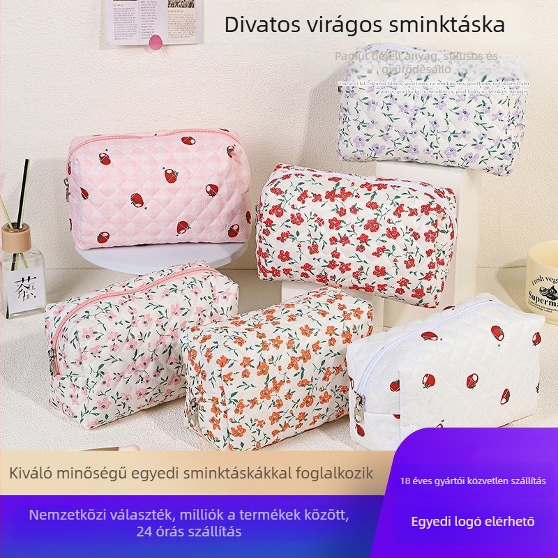 Kozmetikai táska, pamutból, doboz alakú, belső cipzáras zseb és puha fogantyú