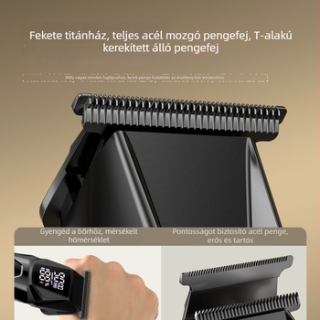 Háztartási LED világítással ellátott elektromos hajvágó, szénkefés motor, rozsdamentes acél pengék, beépített 1200–2000 mAh akkumulátor, digitális kijelző, gyors töltés