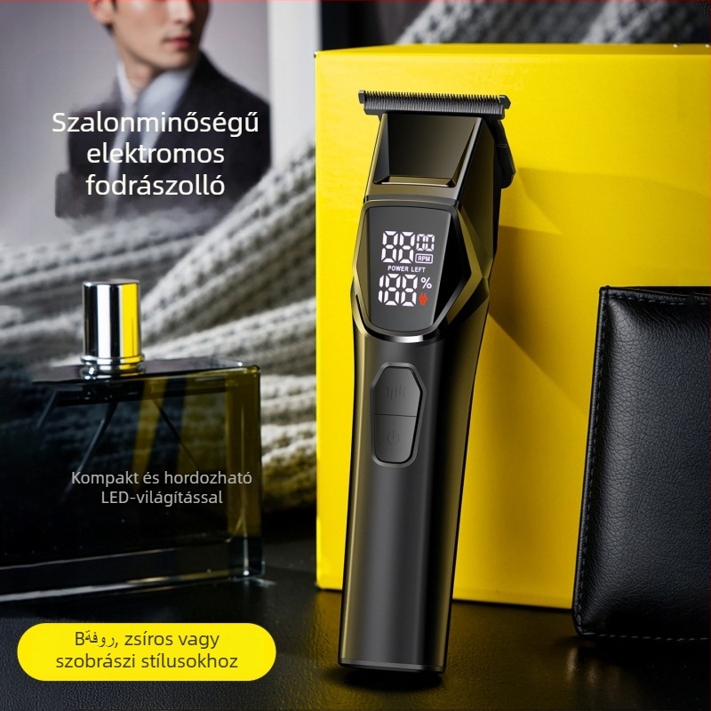 Háztartási LED világítással ellátott elektromos hajvágó, szénkefés motor, rozsdamentes acél pengék, beépített 1200–2000 mAh akkumulátor, digitális kijelző, gyors töltés
