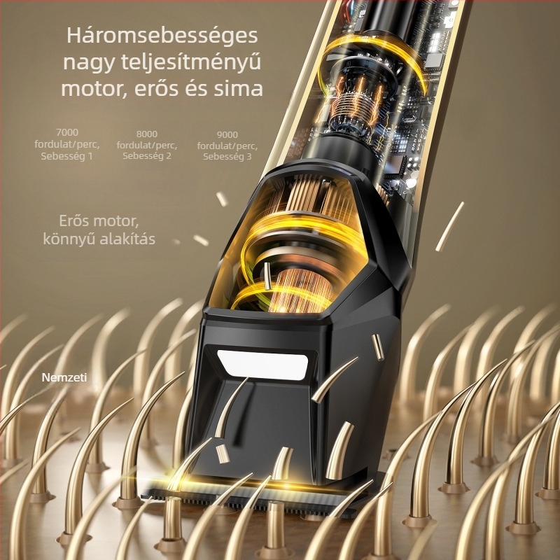 Háztartási LED világítással ellátott elektromos hajvágó, szénkefés motor, rozsdamentes acél pengék, beépített 1200–2000 mAh akkumulátor, digitális kijelző, gyors töltés