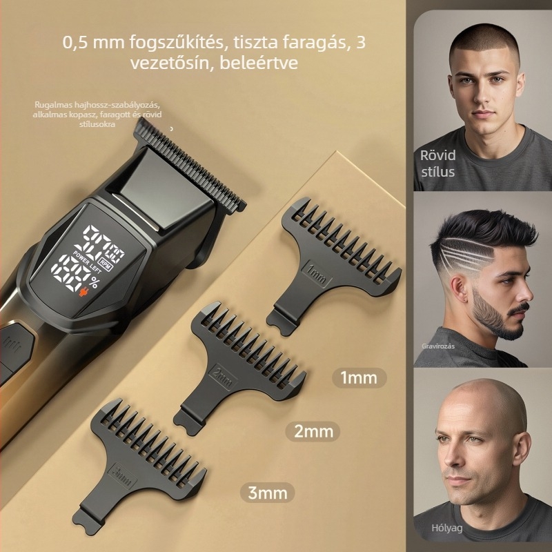 Háztartási LED világítással ellátott elektromos hajvágó, szénkefés motor, rozsdamentes acél pengék, beépített 1200–2000 mAh akkumulátor, digitális kijelző, gyors töltés