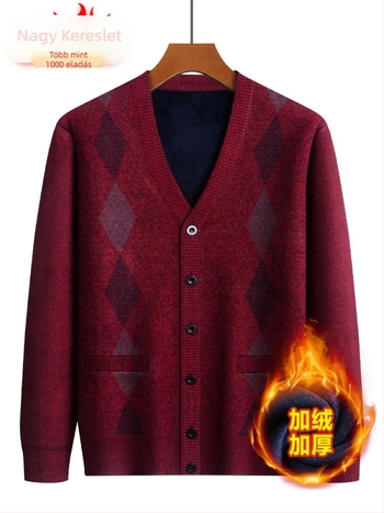 Kardigán idős férfiak számára, fleece belső, vastag Jacquard kötés, pamut-poliészter keverék, laza szabás