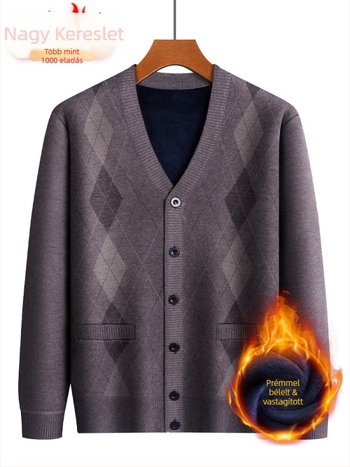 Kardigán idős férfiak számára, fleece belső, vastag Jacquard kötés, pamut-poliészter keverék, laza szabás