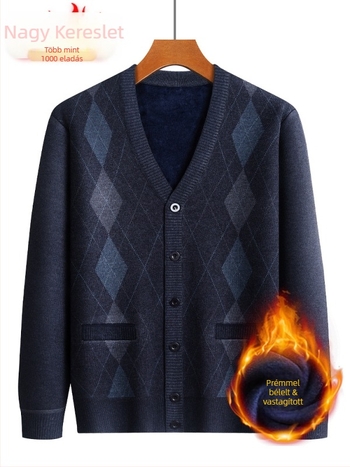 Kardigán idős férfiak számára, fleece belső, vastag Jacquard kötés, pamut-poliészter keverék, laza szabás