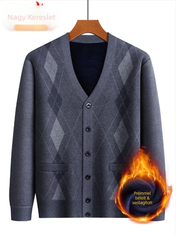 Kardigán idős férfiak számára, fleece belső, vastag Jacquard kötés, pamut-poliészter keverék, laza szabás
