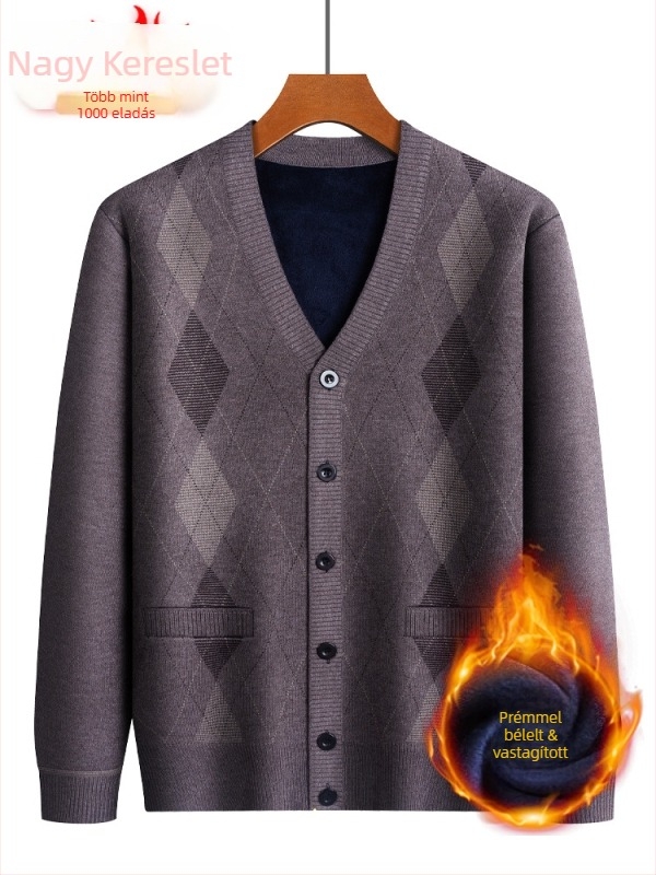 Kardigán idős férfiak számára, fleece belső, vastag Jacquard kötés, pamut-poliészter keverék, laza szabás