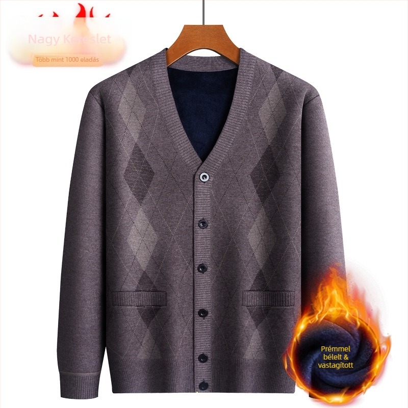 Kardigán idős férfiak számára, fleece belső, vastag Jacquard kötés, pamut-poliészter keverék, laza szabás