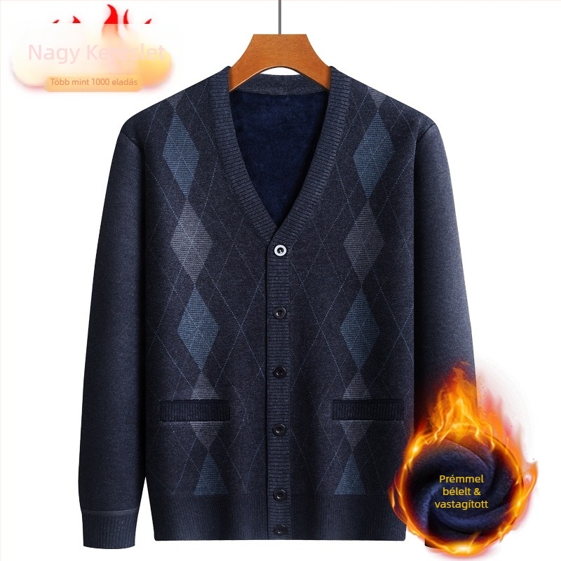 Kardigán idős férfiak számára, fleece belső, vastag Jacquard kötés, pamut-poliészter keverék, laza szabás