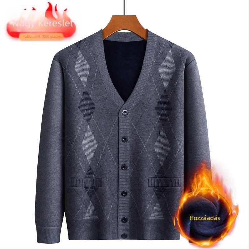 Kardigán idős férfiak számára, fleece belső, vastag Jacquard kötés, pamut-poliészter keverék, laza szabás