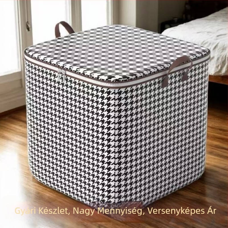 Nem szőtt textilből készült ágyneműtároló táska, mintás Houndstooth, kubikus forma, nagy kapacitás, összecsukható költöztetéshez