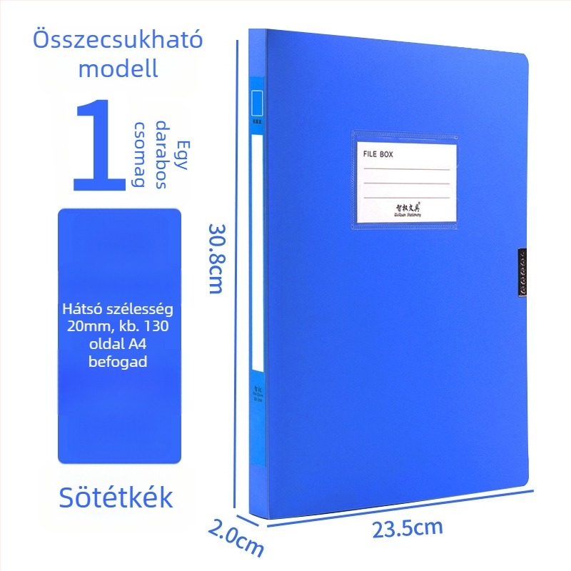 A4-es fájlbox, műanyagból, vastagított, dokumentumok és nyugták tárolására; Anyag: PP; Modellek: 2E220/2E235/2E255/2E275; Anyagvastagság: 20/35/55/75; Nyomtatott logó; Márka Intellectual Power