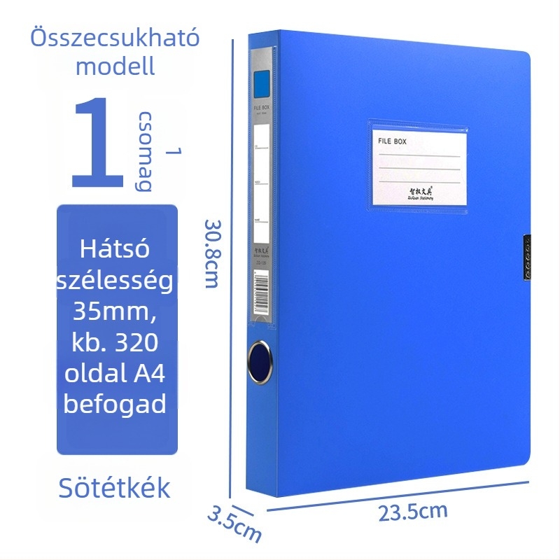 A4-es fájlbox, műanyagból, vastagított, dokumentumok és nyugták tárolására; Anyag: PP; Modellek: 2E220/2E235/2E255/2E275; Anyagvastagság: 20/35/55/75; Nyomtatott logó; Márka Intellectual Power