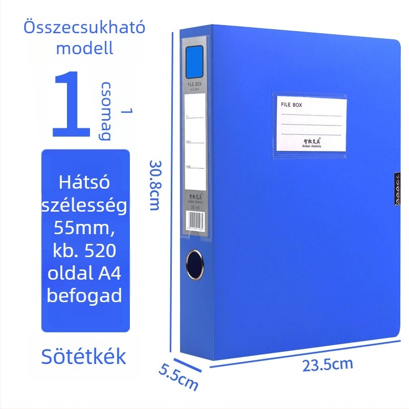 A4-es fájlbox, műanyagból, vastagított, dokumentumok és nyugták tárolására; Anyag: PP; Modellek: 2E220/2E235/2E255/2E275; Anyagvastagság: 20/35/55/75; Nyomtatott logó; Márka Intellectual Power