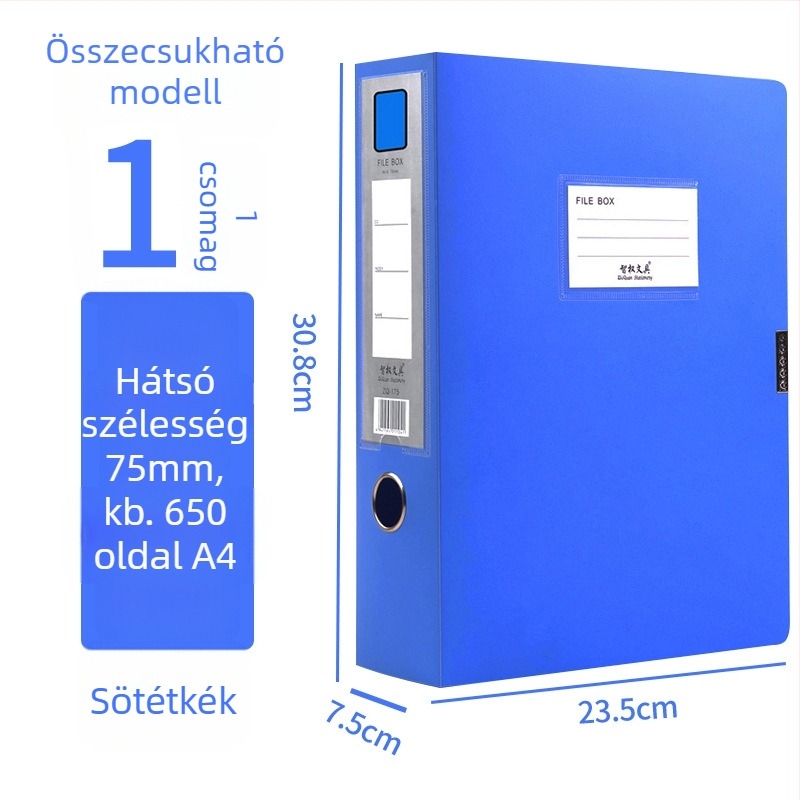 A4-es fájlbox, műanyagból, vastagított, dokumentumok és nyugták tárolására; Anyag: PP; Modellek: 2E220/2E235/2E255/2E275; Anyagvastagság: 20/35/55/75; Nyomtatott logó; Márka Intellectual Power