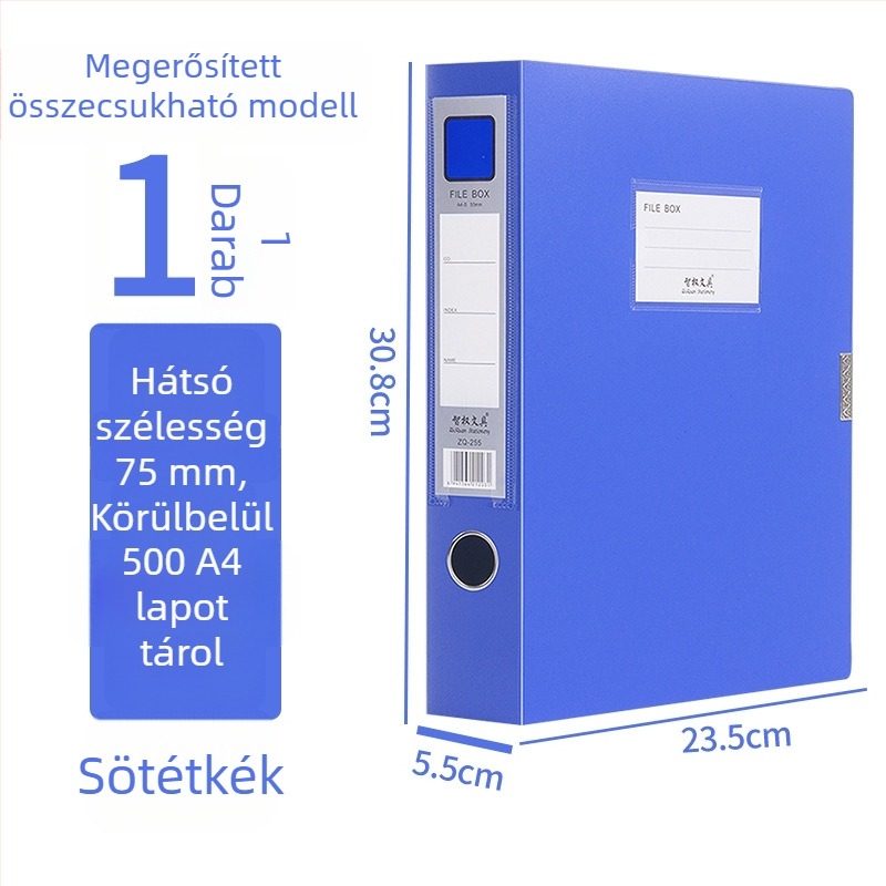A4-es fájlbox, műanyagból, vastagított, dokumentumok és nyugták tárolására; Anyag: PP; Modellek: 2E220/2E235/2E255/2E275; Anyagvastagság: 20/35/55/75; Nyomtatott logó; Márka Intellectual Power