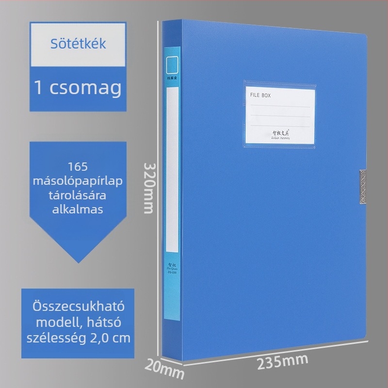 A4-es fájlbox, műanyagból, vastagított, dokumentumok és nyugták tárolására; Anyag: PP; Modellek: 2E220/2E235/2E255/2E275; Anyagvastagság: 20/35/55/75; Nyomtatott logó; Márka Intellectual Power