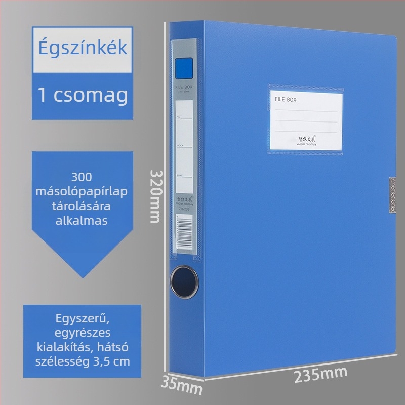 A4-es fájlbox, műanyagból, vastagított, dokumentumok és nyugták tárolására; Anyag: PP; Modellek: 2E220/2E235/2E255/2E275; Anyagvastagság: 20/35/55/75; Nyomtatott logó; Márka Intellectual Power