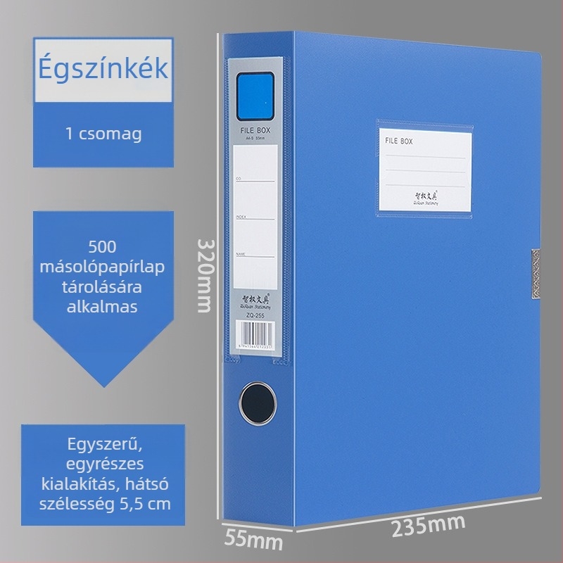 A4-es fájlbox, műanyagból, vastagított, dokumentumok és nyugták tárolására; Anyag: PP; Modellek: 2E220/2E235/2E255/2E275; Anyagvastagság: 20/35/55/75; Nyomtatott logó; Márka Intellectual Power