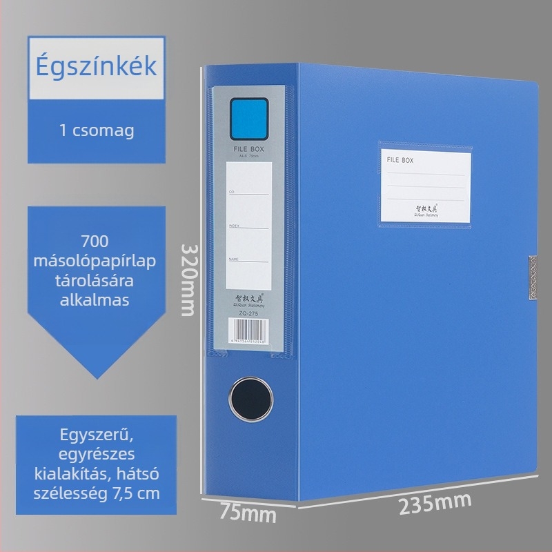 A4-es fájlbox, műanyagból, vastagított, dokumentumok és nyugták tárolására; Anyag: PP; Modellek: 2E220/2E235/2E255/2E275; Anyagvastagság: 20/35/55/75; Nyomtatott logó; Márka Intellectual Power