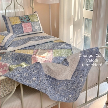 Patchwork steppelt quilt készlet – 100% pamut, virágminta, nagy kockás relief dizájn, ágytakaró, 3 részes