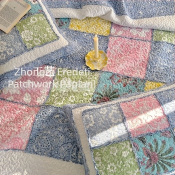 Patchwork steppelt quilt készlet – 100% pamut, virágminta, nagy kockás relief dizájn, ágytakaró, 3 részes