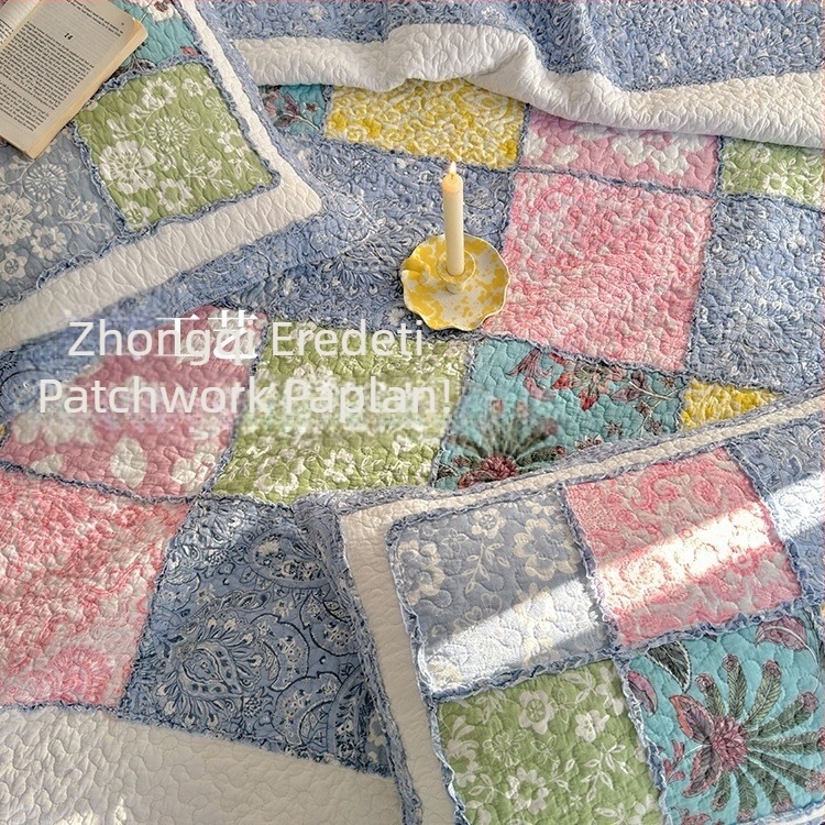 Patchwork steppelt quilt készlet – 100% pamut, virágminta, nagy kockás relief dizájn, ágytakaró, 3 részes