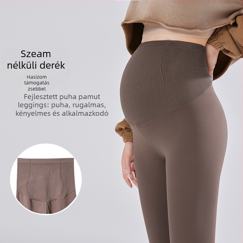 Kismama jóga nadrág – magas derekú, varrat nélküli derék, 9/10 hossz, Nylon/Spandex anyag (70–80% Nylon, <30% Spandex), karcsú szabás