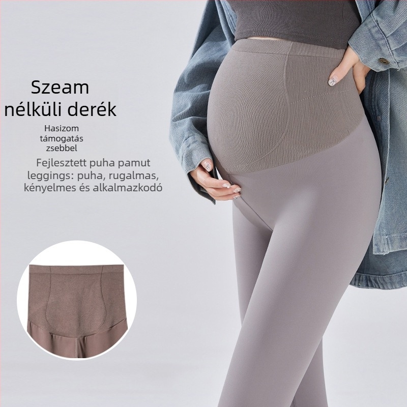 Kismama jóga nadrág – magas derekú, varrat nélküli derék, 9/10 hossz, Nylon/Spandex anyag (70–80% Nylon, <30% Spandex), karcsú szabás