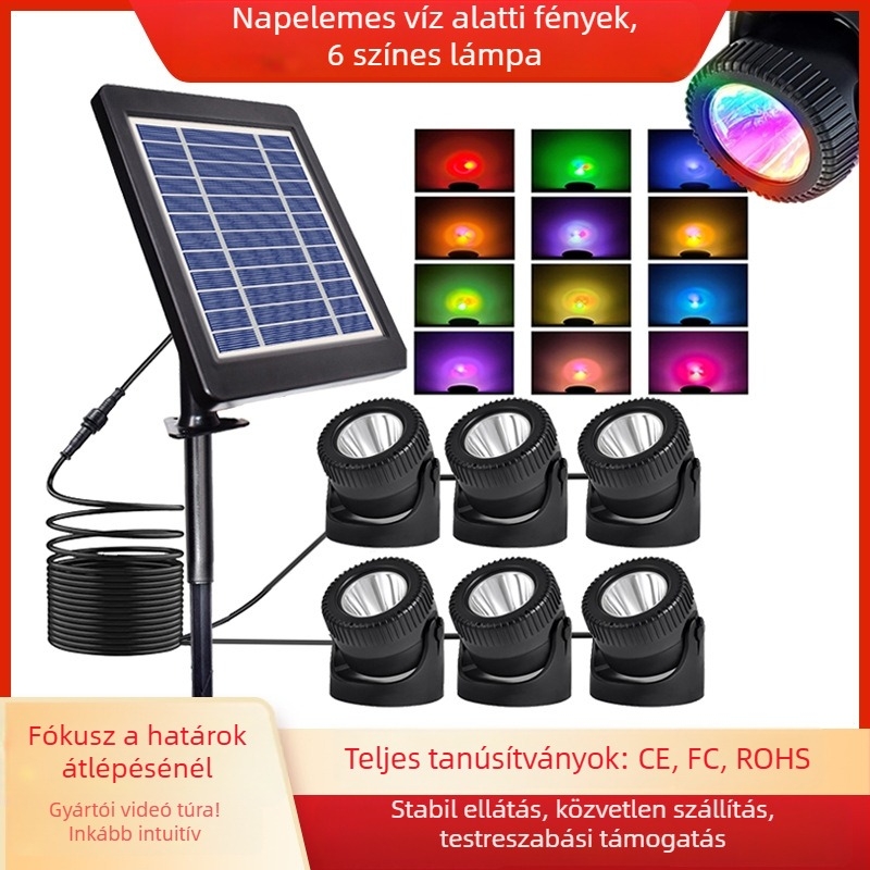 Napelemes víz alatti lámpa medencéhez, 6 fej RGB színváltó, 6V/4W, 4400mAh, Automatikus ciklus mód