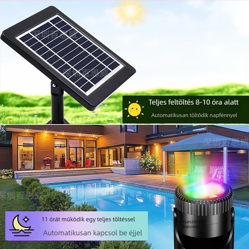 Napelemes víz alatti lámpa medencéhez, 6 fej RGB színváltó, 6V/4W, 4400mAh, Automatikus ciklus mód