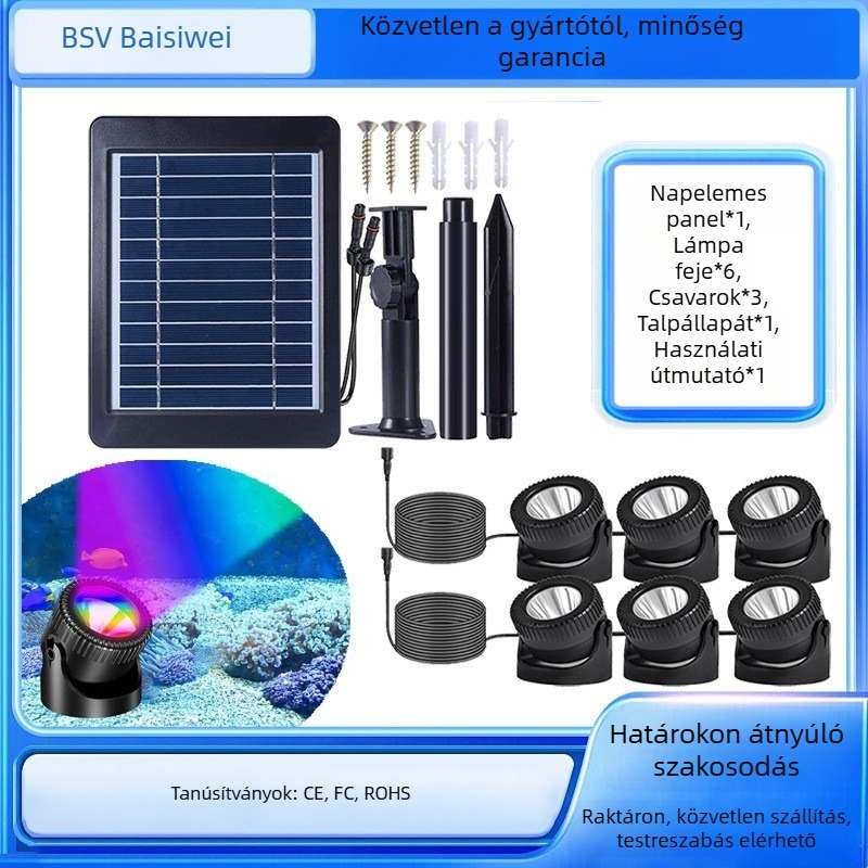 Napelemes víz alatti lámpa medencéhez, 6 fej RGB színváltó, 6V/4W, 4400mAh, Automatikus ciklus mód