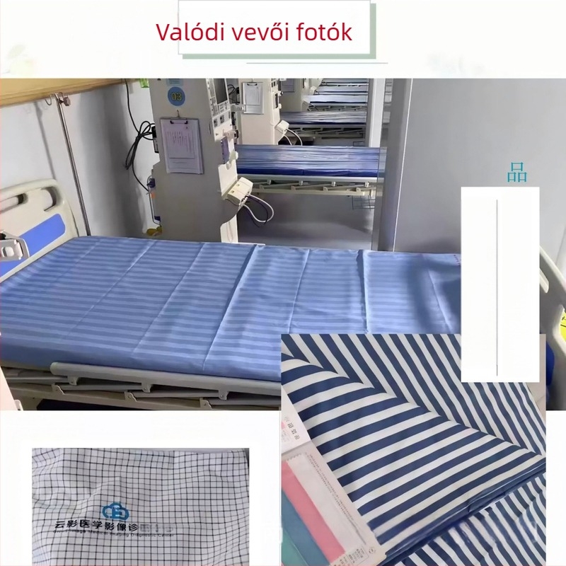 Kék poliészter-pamut kórházi háromrészes ágyneműszett 1,0 m-es ágyhoz: lepedő, paplanhuzat, párnahuzat; szatén szövésű; vastagított