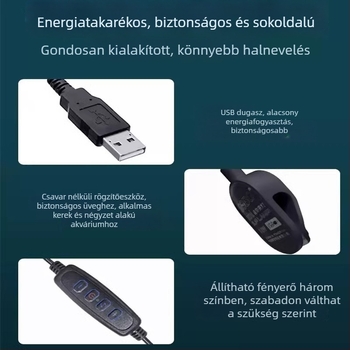 Akvárium clip-on LED lámpa, ABS anyag, USB tápegység, állítható fényerő, kiegészítő világítás halaknak és vízi növényeknek