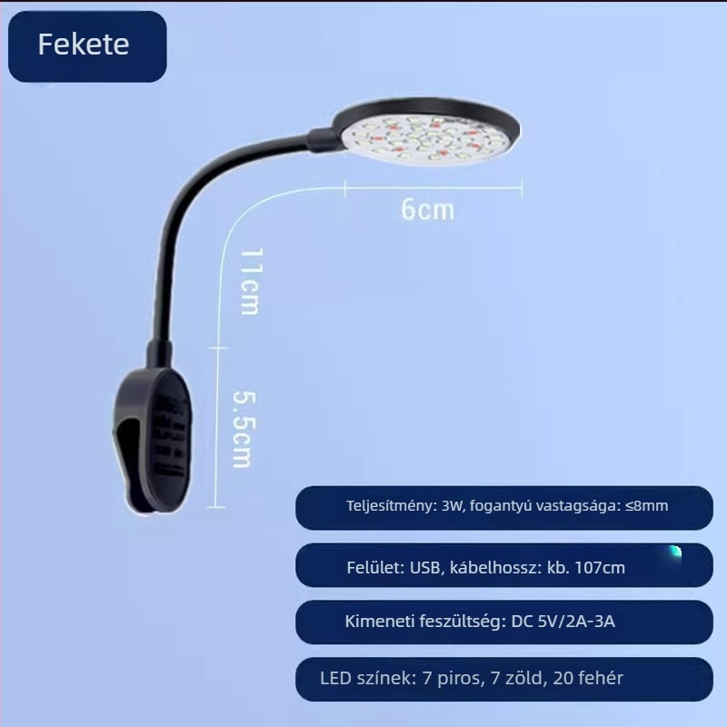 Akvárium clip-on LED lámpa, ABS anyag, USB tápegység, állítható fényerő, kiegészítő világítás halaknak és vízi növényeknek