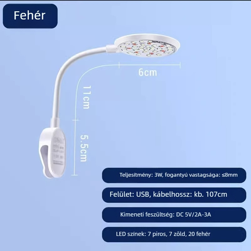 Akvárium clip-on LED lámpa, ABS anyag, USB tápegység, állítható fényerő, kiegészítő világítás halaknak és vízi növényeknek