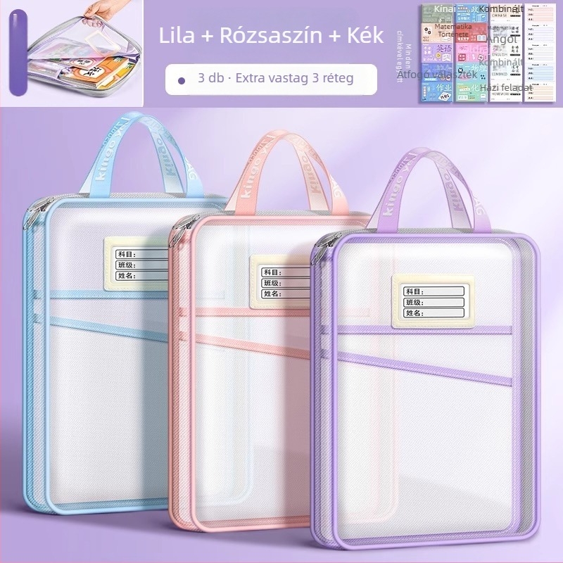 L-alakú tantárgytáska diákok számára, hálóanyag, cipzár, karikatúraszerű forma, nagy kapacitású tároló