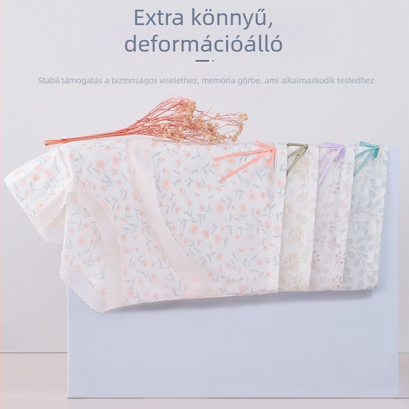 Kismama fehérnemű magas derekú, lélegző és antibakteriális hasi támasz, virágmintás; fő anyag Nylon 70–80%, belső pamut 90–95%.