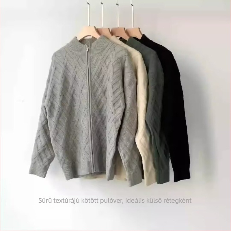 Férfi kardigán kötött Twist mintával, álló gallér, hosszú ujjú, laza szabás, Modal és nyúl szőr keverék