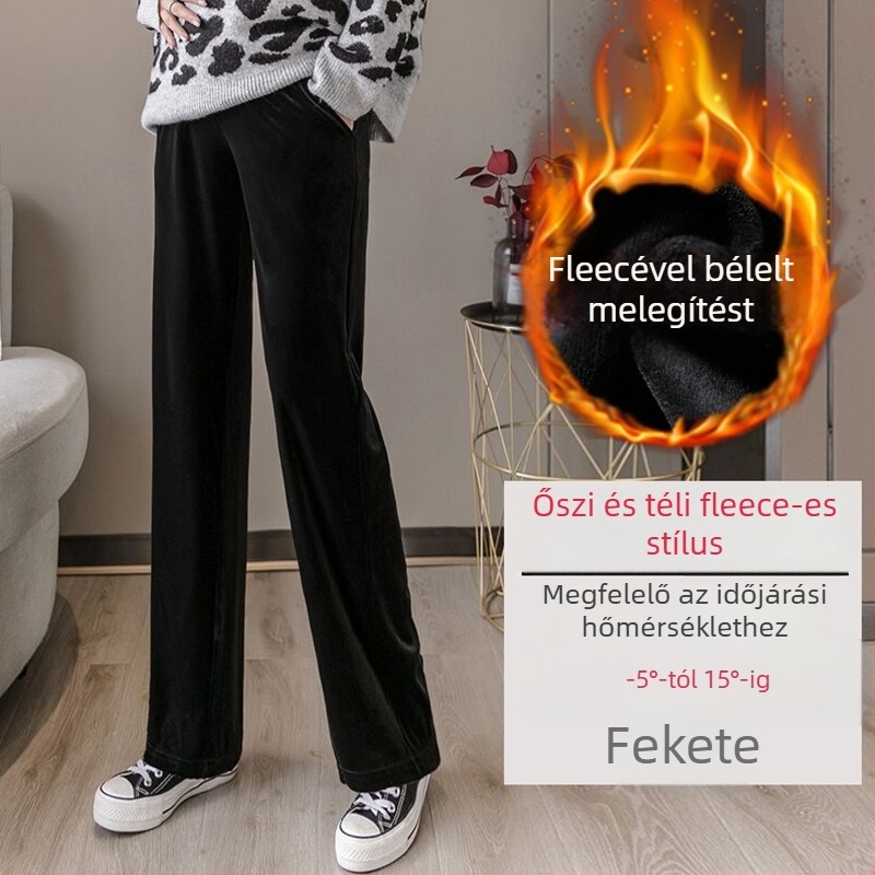 Kismama nadrág fleece-beléssel ellátott velúr anyagból, vastag szövésű, 65% pamut és spandex kevesebb mint 30%, hasi támasz, laza szabás