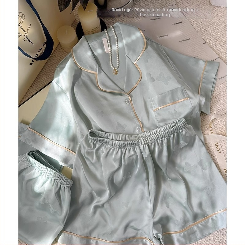 Női pizsama szett – Ice Silk Jacquard, V-nyakú, hosszú ujjú, nadrág