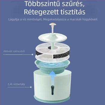 Macska vízadagoló automatikus keringéssel és többszörös szűréssel, műanyagból